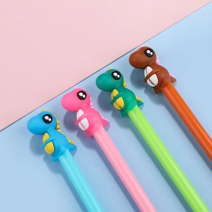 Set of 4 cute cartoon dinosaur neutral pens in blue, pink, green and brown colors