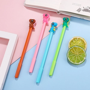 Set of four cute cartoon dinosaur gel pens in brown pink blue and green for students