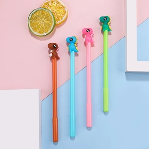 Set of four colorful cartoon dinosaur gel pens in orange, blue, pink and green colors