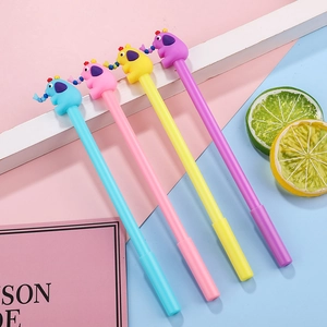 Cute cartoon elephant gel pens in blue, pink, yellow, and purple on macaron background