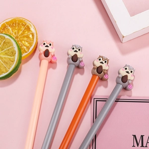 Cute cartoon squirrel gel pens set with 4 colorful pens and soft silicone tops