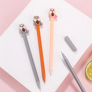 Three creative cartoon squirrel gel pens in grey, orange, and pink with 0.5mm fine tips