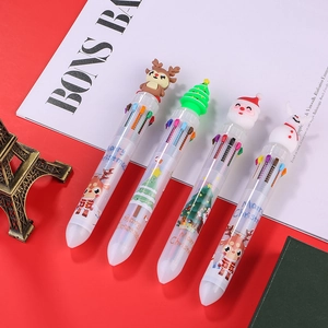 Christmas ten-color ballpoint pen set featuring Santa, snowman, and reindeer silicone toppers