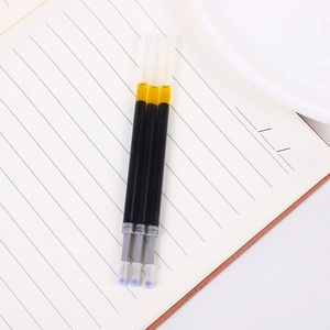 Close-up of 0.5mm black gel ink refills with wax sealed tips on a lined notebook
