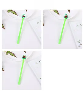 Detailed view of creative avocado gel pens with three different cute facial expressions
