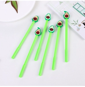 Close-up of 6 cute avocado gel pens with unique cartoon emoji silicone toppers