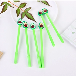 Group of 6 creative avocado pens with cute facial expressions on white ceramic plate