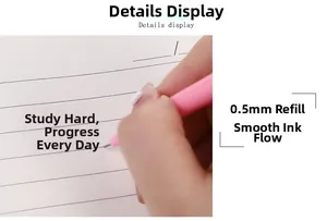 Detailed close-up of a 0.5mm pink alpaca gel pen tip writing smoothly on a notebook