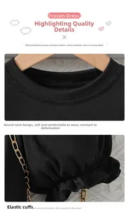 Close-up of black mesh dress with round neckline, elastic cuffs and gold chain details