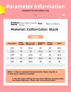 Size chart for black sequin long sleeve girl dress showing length and chest measurements