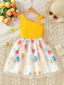 Girls summer floral dress with yellow knit top and layered tulle floral skirt