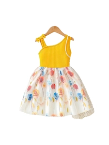 Girls summer floral dress with yellow knit bodice and colorful rose pattern skirt