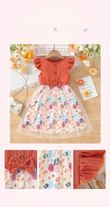 Detailed views of floral mesh skirt and bow decoration on girls' summer princess dress