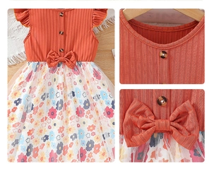 Detailed view of flutter sleeve girl dress with wooden buttons and floral mesh skirt