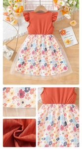 Detail of girl's dress showing frill sleeves, floral mesh skirt and knit fabric texture