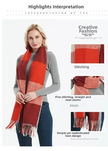 Detail of plaid scarf featuring tassel fringe, soft cashmere-like texture and fine stitching
