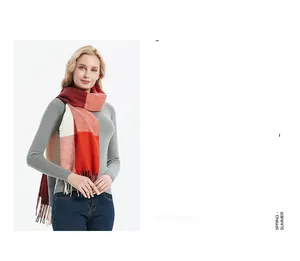 Detailed view of British style checkered scarf with tassels worn by a female model