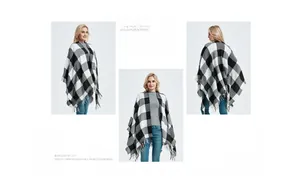 Three-sided view of black and white plaid shawl with tassels showing drape and fit