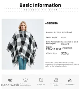 Detail view of black and white checkered poncho with fringe tassels, size 170X135CM