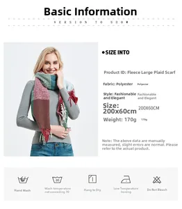 Detailansicht eines karierten Schals aus Polyester mit Pflegehinweisen und Materialinfos