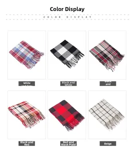 Detailed color display of fringed plaid scarves in various classic patterns and hues