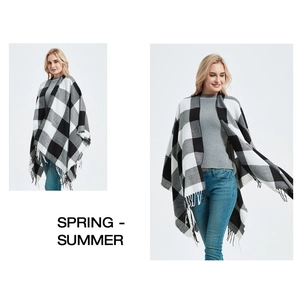 Detail of black and white checkered shawl featuring soft fringe trim and open front style