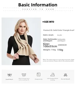 Detail view of beige knitted triangle scarf with hollow patterns and product dimensions