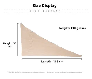 Detailed size guide for knitted triangle scarf showing 108cm length and 55cm height