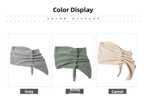 Three-color display of knit snood scarves in grey, military green and camel shades