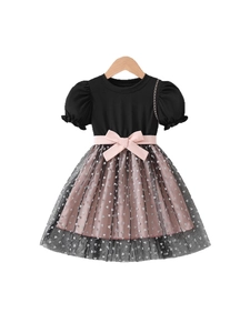 Girls' short sleeve mesh dress with pink bow and white heart print pattern design