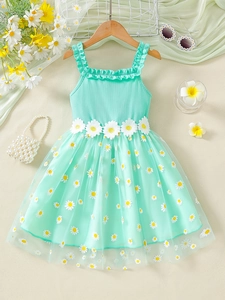 Girls Daisy Flower Mesh Tutu Dress Mint Green Ribbed Knit Suspender Princess Beach Party Gown Sweet Summer Apparel For Kids
