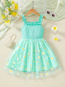 Mint green daisy floral mesh tutu dress for girls with ribbed knit top and tulle skirt