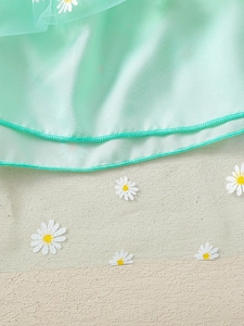 Mint green daisy floral girl dress with silky satin base and sheer mesh layers