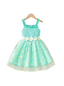 Mint green daisy tulle dress for girls with floral mesh overlay and lace waist