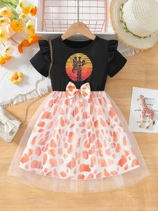 Girls Summer Dress Short Sleeve Mesh Patchwork Giraffe Print Sunset Pattern Bow Decor Kids Princess Party Dress