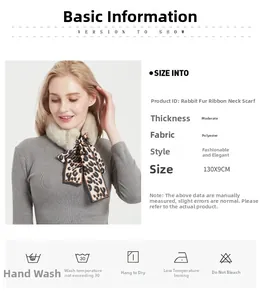 Detail shot of leopard print satin ribbon scarf with faux fur trim and size info