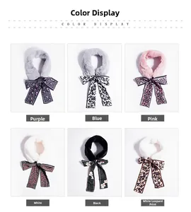 Close-up of faux rabbit fur scarves with leopard print bows in six assorted colors