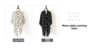 Detail view of beige and black plaid scarves with fringe on a mannequin torso