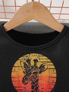 Girls black ribbed summer dress featuring vintage giraffe print and leopard mesh design