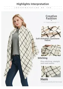 Detail of checkered cashmere scarf showing texture, fine stitching and tassel hem