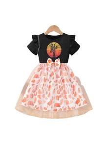 Girl's summer leopard print tutu dress with giraffe graphic and ruffled sleeves