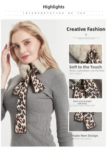 Detail view of faux rabbit fur leopard print scarf showing texture and bow tie design