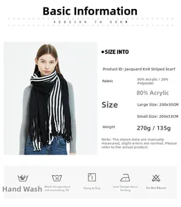 Size chart for black and white striped warp-knitted scarf with fabric care instructions