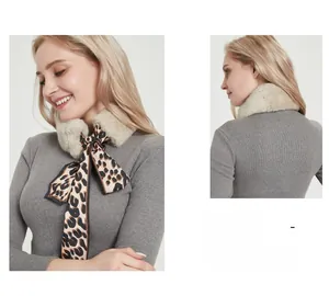 Detailed view of luxury faux fur scarf with elegant leopard print chiffon ribbons