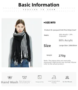 Detail showing black and white striped scarf texture with 200x50cm dimensions