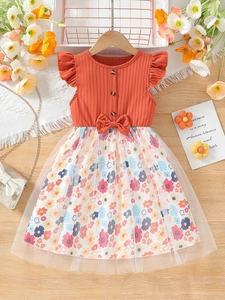 Girls Summer Fly Sleeve Mesh Princess Dress With Butterfly Bow Floral Patchwork Tulle Dress Kids Casual Party Clothing