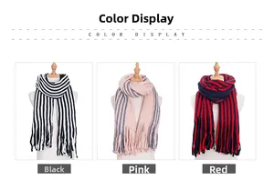 Three striped knit scarves with long fringe in black, pink, and red on display