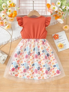 Girls' flutter sleeve dress featuring rust red ribbed top and floral mesh princess skirt