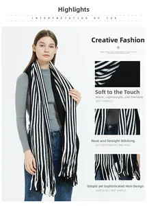 Detail view of black and white striped knit scarf showing texture and fringe tassels