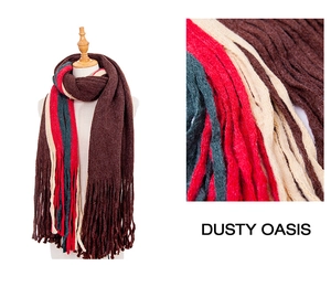 Close-up of color-block knit scarf with long fringes in brown, red and green